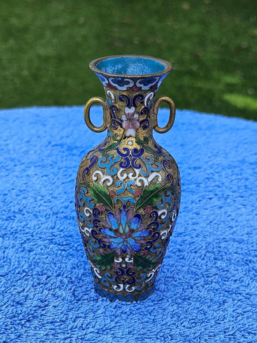 Vintage Chinese Cloisonné Mini Vase/Pierced Filigree/Double Ring Handles/Floral